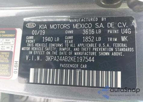 2019 Kia Rio S z USA, uszkodzony, nr VIN 3KPA24AB2KE197544